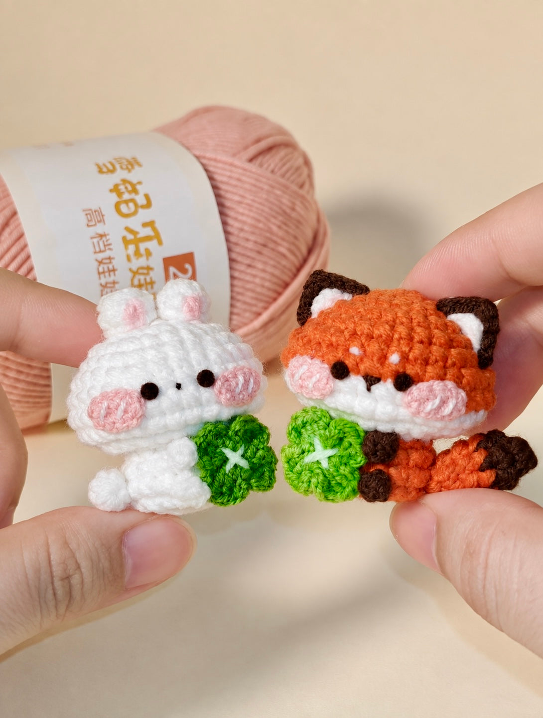 Lucky Clover Friends – Handmade Crochet Bunny & Fox Charms