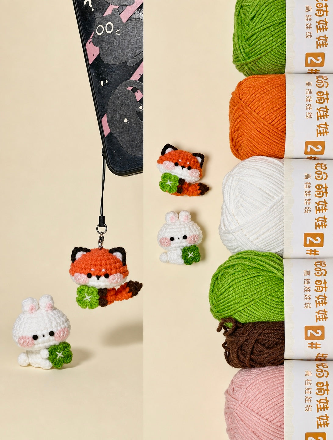 Lucky Clover Friends – Handmade Crochet Bunny & Fox Charms