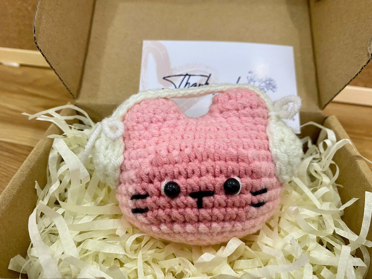 Crochet Cat Earbuds Case – Handmade Headphone Pouch