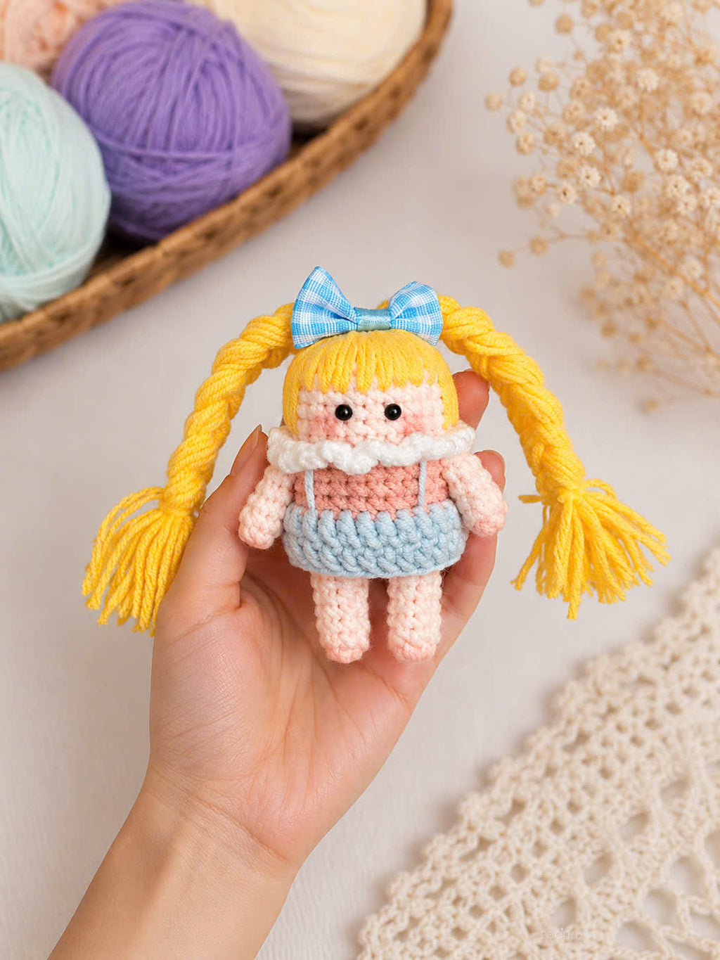 Crochet Pigtail Girl Doll – Handmade Bag Charm